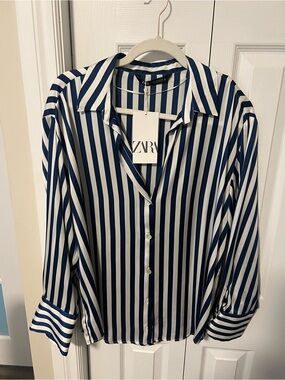 Zara Navy and White Vertical Stripe Button-Down Blouse
